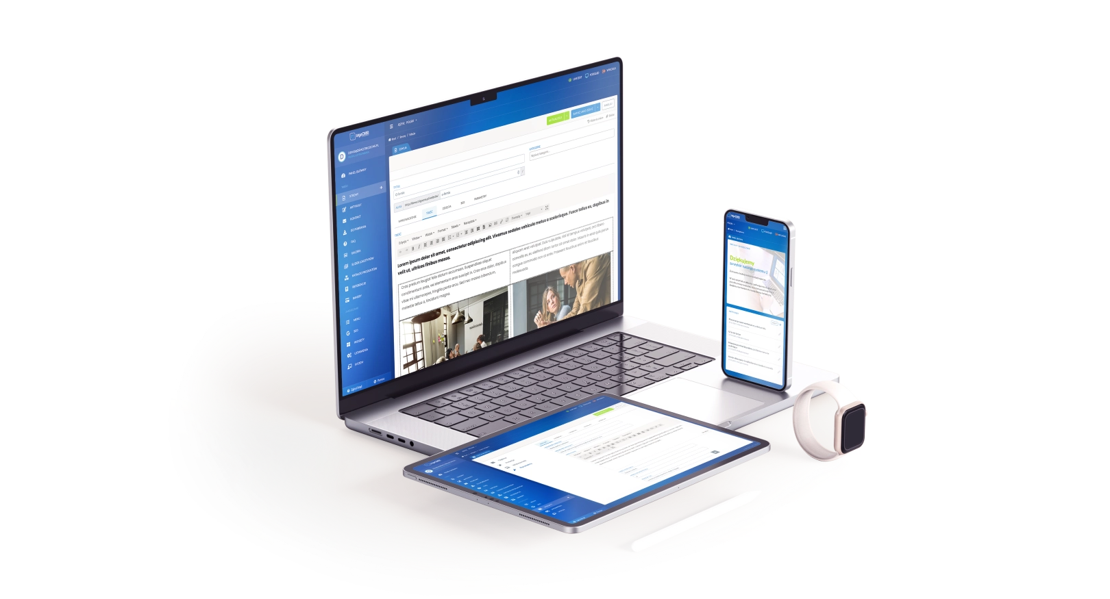Zdjęcie przedstawia laptop, tablet i smartfon wyświetlające polskojęzyczny, intuicyjny system do zarządzania treścią strony internetowej. Interfejs na wszystkich urządzeniach jest przejrzysty, z niebieskim menu bocznym i edytorem tekstu. 