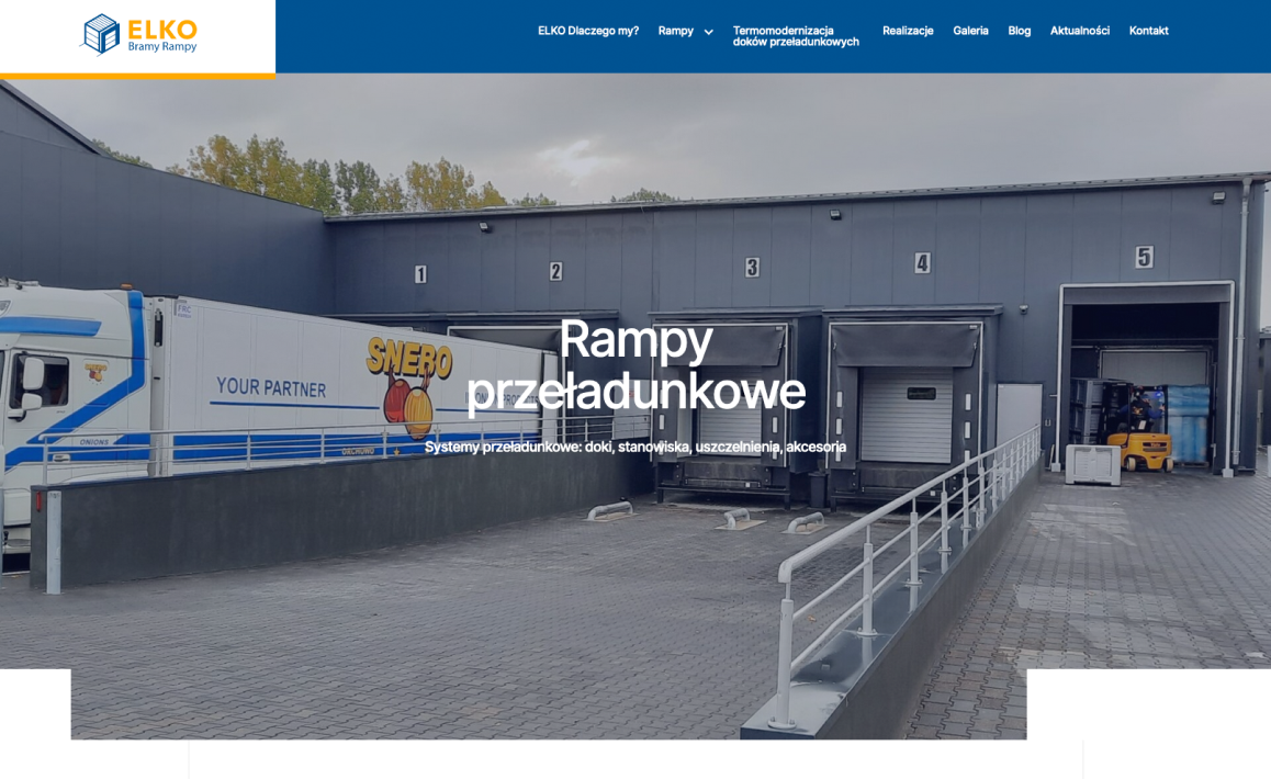 Na zdjęciu widoczna jest strona internetowa firmy ELKO, oferującej rampy przeładunkowe. Widać rampy przy magazynie oraz pojazd ciężarowy, co sugeruje, że firma specjalizuje się w dostarczaniu i instalacji systemów przeładunkowych.