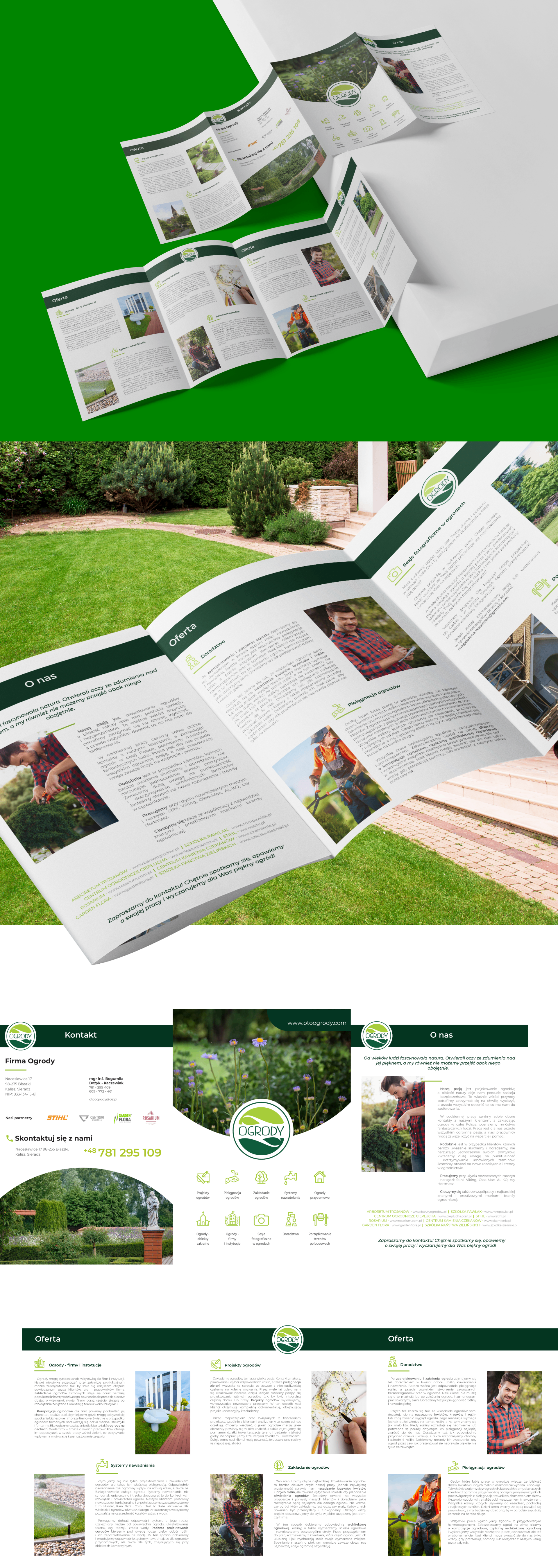 Zdjęcie folderów reklamowych firmy Ogrody, prezentujących ofertę usług ogrodniczych. Utrzymane w zielono-białej kolorystyce, zawierają zdjęcia i informacje o firmie.