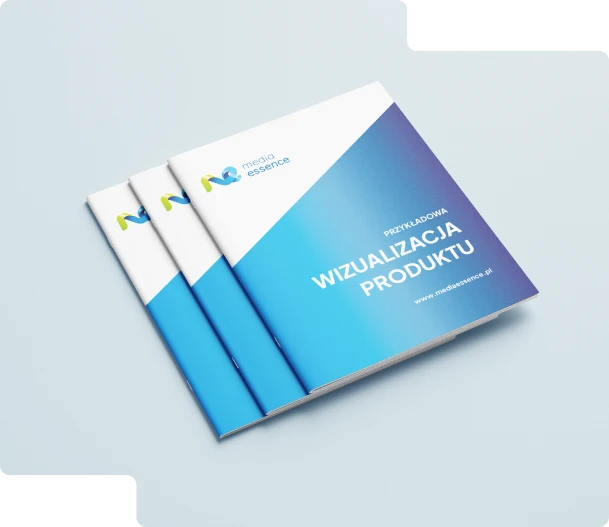 Broszura Media Essence – nowoczesny design, niebieskie tło, układ treści sugeruje branding lub grafikę.