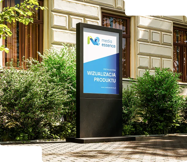 Obraz przedstawia nowoczesny, wolnostojący ekran reklamowy umieszczony na zewnątrz, na tle eleganckiego, klasycznego Ekran wyświetla reklamę firmy Media Essence