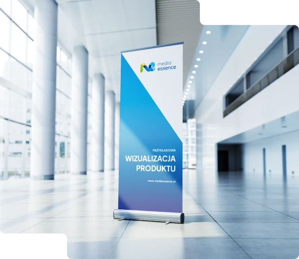 To zdjęcie przedstawia roll-up reklamowy firmy Media Essence,. Roll-up ma elegancki, biało-niebieski design, w górnej części znajduje się logo firmy